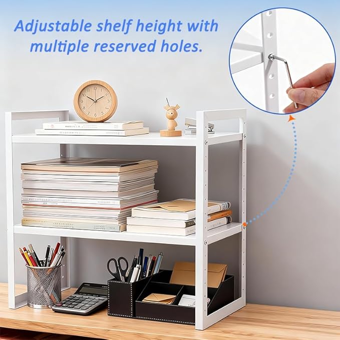 Office Desk Shelf Organizer, Metal Desktop Bookshelf Storage Rack, Height Adjustable Countertop Shelf for Study Room, Home Office, Multipurpose Storage for Books, Files, Stationery and Desk Essentials