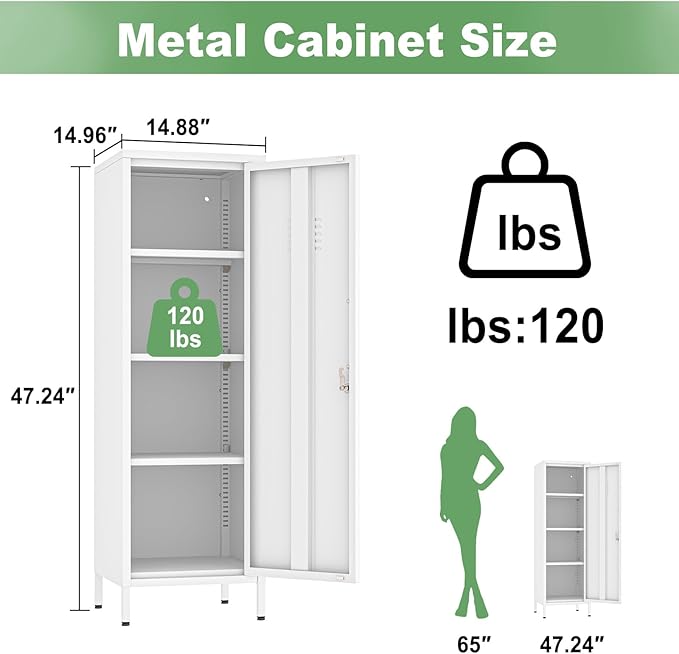 Ckzbx Tall Narrow Storage Cabinet 51.18" H Bathroom Cabinet Metal Pantry Cabinets, 3 Adjustable Shelves for Kitchen, Home Office, Living Room, Dinning Room (White)