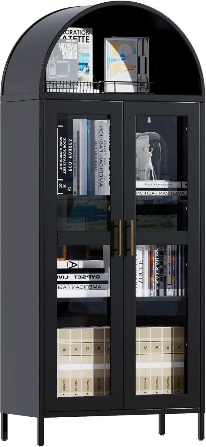 VEXPOR 73" Tall Arched Display Cabinet with Glass Doors, Metal Arched Curio Cabinet with 2 Adjustable Shelves for Living Room, Home Office, Assembly Required, Black