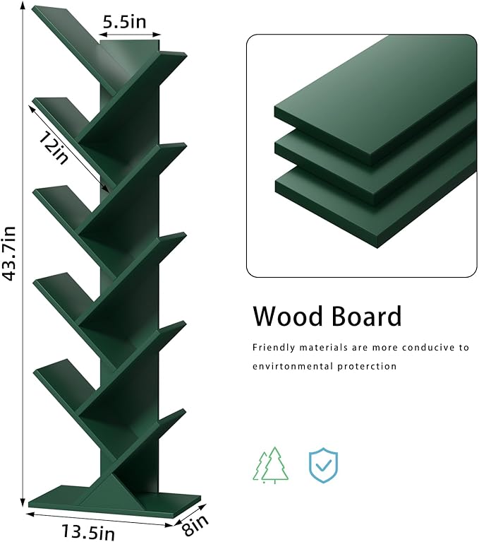 SHEEPAM 10 Tier Tree Book Shelf, Floor Standing Wood Bookshelf for Narrow Space, Storage Organizer Bookshelves for Books/CDs/Magazine, Bookcase with Shelves for Home Office, Living Room