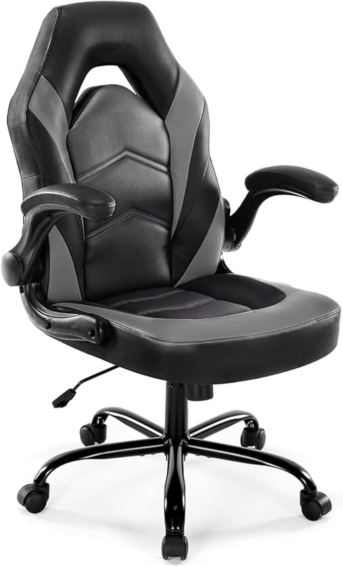 DUMOS Ergonomic Computer Gaming Chair with Flip-up Armrest, Height Adjustable PU Leather Home Office Desk Chair with Lumbar Support Swivel Wheels and for Adults and Kids, Black and Gray