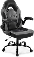 DUMOS Ergonomic Computer Gaming Chair with Flip-up Armrest, Height Adjustable PU Leather Home Office Desk Chair with Lumbar Support Swivel Wheels and for Adults and Kids, Black and Gray