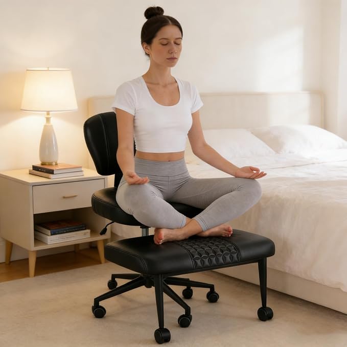 Ergonomic Cross Legged Office Chair with Footrest, 360° Swivel Height Adjustable PU Criss Cross Chair, Wide Seat & Back Support for Home Office, ADHD, Black
