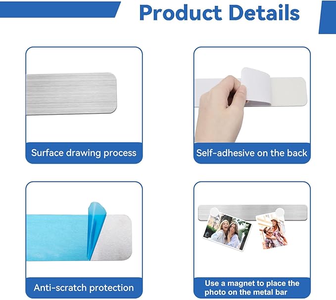 Magnetic Bulletin Board Magnet Board, Frameless Stainless Metal Board Strip, Magnetic Strips with Adhesive Backing Small Memo Display Board with 10 Pcs White Magnet, for Kitchen Office (6 PCS)