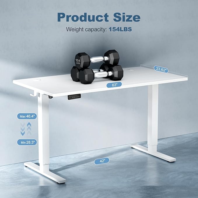 DUMOS 63 Inch Electric Standing Desk Height Adjustable, Sit to Stand Computer Workstations Large Work PC Table Home Office Writing Gaming Desks with Memory Presets for Walking Pad, Bedroom, White