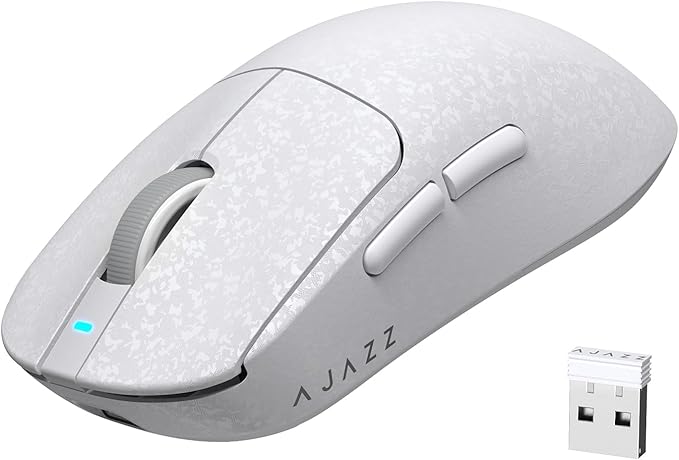 A.JAZZ Ajazz AJ199 Wireless Gaming Mouse Ultra-Lightweight 55g Tri-Mode Connection 24000 DPI PAW3311 Sensor Carbon Fiber Shell 500mAh Battery 1K Polling Rate Durable & Anti-Slip Design White