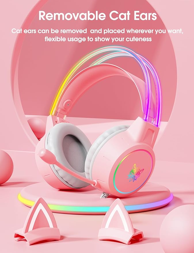 Lightweight Gaming Headset with Detachable Cat Ears, RGB Lighting, Wired Over Ear Headphones with Mic for PC, PS4, PS5, Switch, Stereo Surround Sound, Self-Adjusting Headband