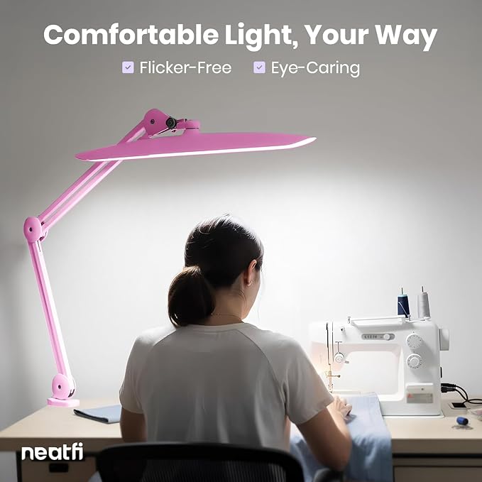 Neatfi XL 2200 Lumens 20W LED Desk Lamp with Clamp – Adjustable Color Temperature | 4-Level Dimmable Light | Home Office, Crafts & Workbench | 20-Inch Wide Head (Pink, CCT with Clamp)