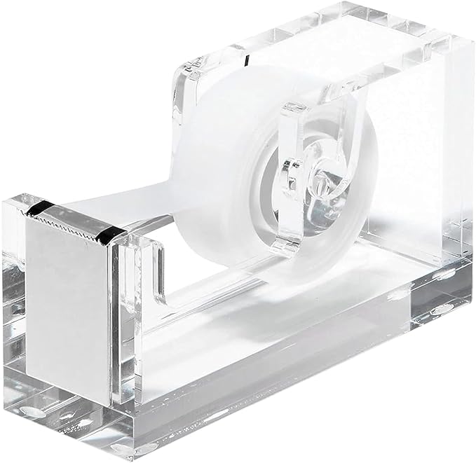 OfficeGoods Acrylic Tape Dispenser – Modern Desk Organizer for Office Supplies, Heavy Duty Refillable Tape Holder for Home and School Crafting, Stylish Desktop Accessory for Gift Wrapping, Silver