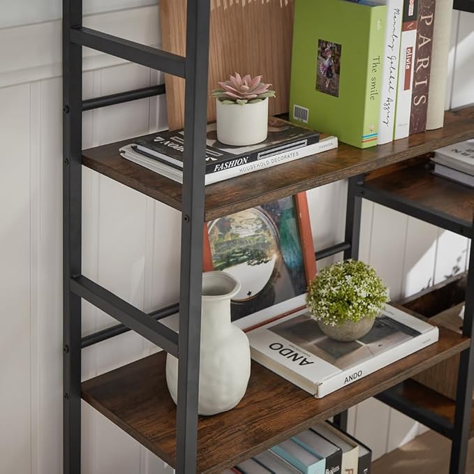 SKYXIU Triple Wide 5 Tier Bookshelf,Rustic Industrial Style Bookcases and Bookshelves with 14 Open Display Shelves,Large Open Bookshelves for Home&Office, Rustic Brown