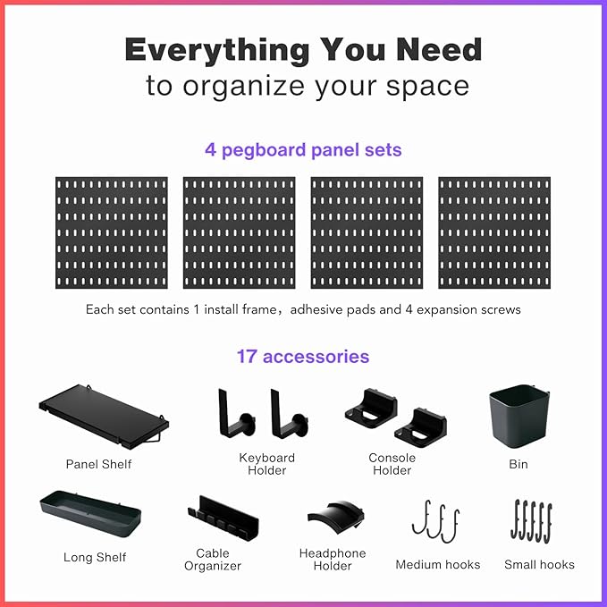 Keepo Peg Board Wall Organizer for Gaming Setup, Pegboard with Adhesives & Screw Mounts, Includes Peg Board Accessories for Gaming Accessories, Tech Storage & Office Organization (Black, 22″×22″)