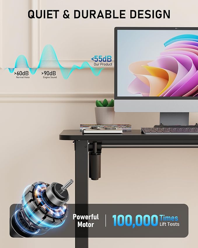 55" Electric Standing Desk Adjustable Height, Sit Stand up Desk for Home Office & Computer Workstation, 2 Memory Height Settings, Splice Board, 2 Hooks, Black Frame/Black Top