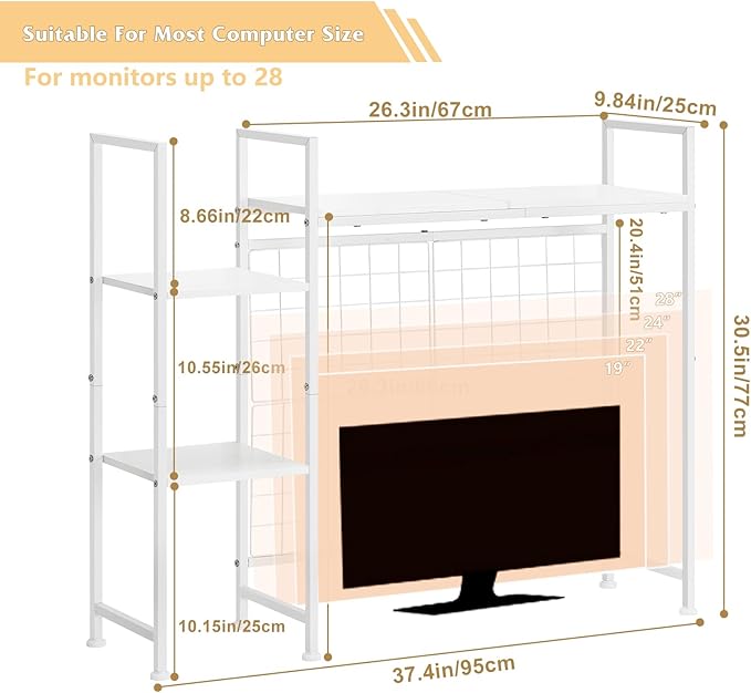 YBING Desk Shelf, 37.4" Desktop Organizer Shelf, Desk Hutch for Computer Monitor, Display Bookcase Rack with Grid Panel, Wood Desktop Bookshelf for Home Office Dorm, White
