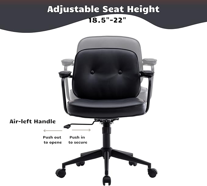 HEAH-YO Modern Armless Desk Chairs Set of 1, Swivel Computer Task Chair with Wheels and Armrests, PU Leather Adjustable Office Chair with Backrest for Home Base, Black