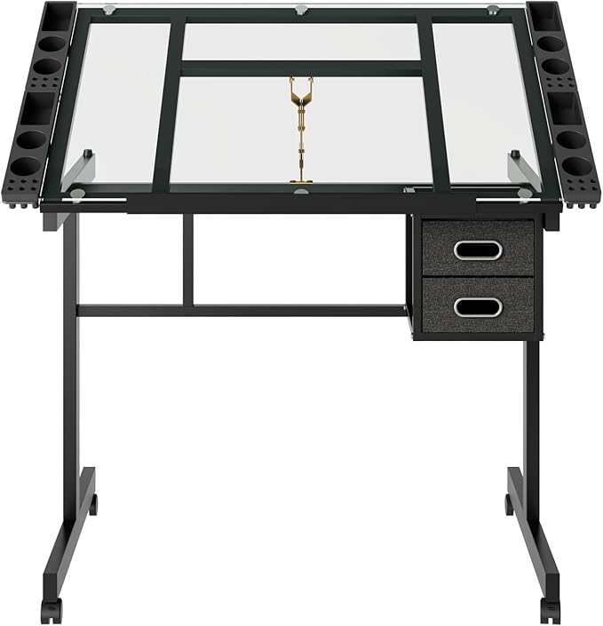 Rolling Drafting Table on Wheels, Painting Table Art Craft Desk Crafting Table with Tilting Transparent Tempered Glass Top, 2 Fabric Storage Drawers and 4 Wheels (Black)