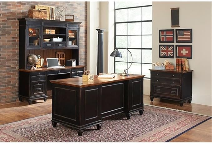 BOWERY HILL Set of 2 Traditional Double Pedestal Office Desk & Bookcase