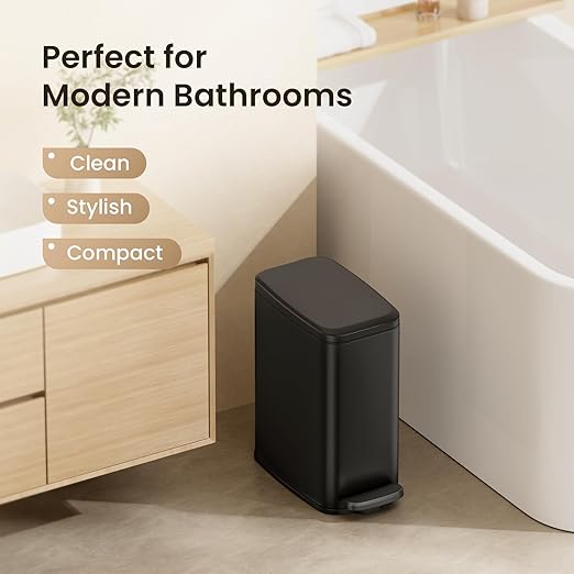 Cesun Small Bathroom Trash Can with Lid Soft Close, 6L/1.6 Gallon Stainless Steel Slim Garbage Can with Foot Pedal and Removable Inner Bucket, Slim Wastebasket for Bathroom, Office, Toilet (Black)