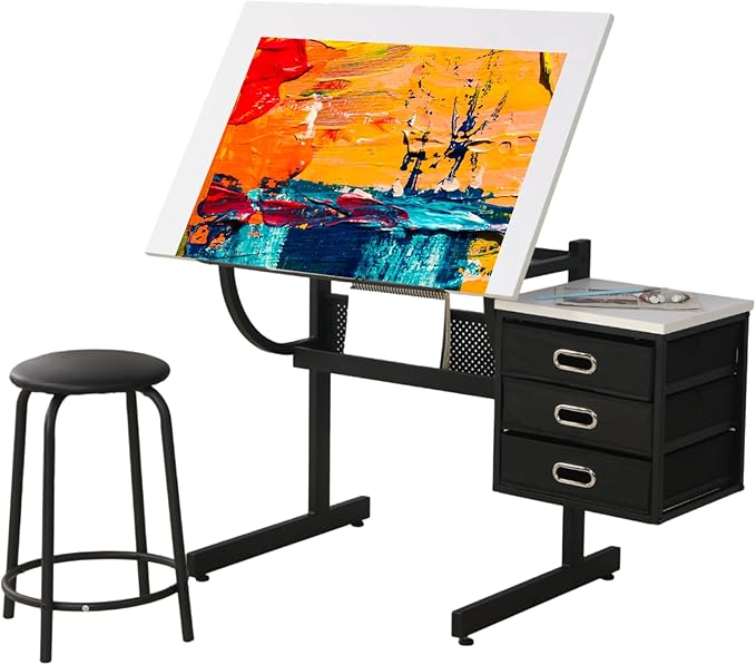 Drafting Table, Tilting Tabletop Artist Desk w/3 Storage Drawers & Stool, Craft Drawing Table for Painting, Sketching, Home Office, Art Studio, Classrooms (White+Black)