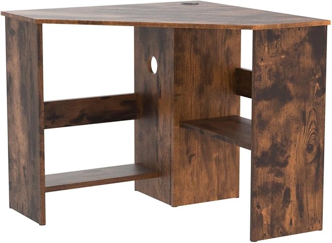 COSTWAY Corner Computer Desk, Space-Saving Triangular Writing Desk w/ 2 Storage Shelves & 2 Cable Holes, Multi-Functional Console Table for Small Space in Home Office, Living Room, Bedroom (Coffee)