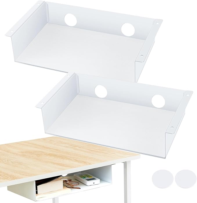 Yaocom 2 Pack 13 Inch Under Desk Hanging Shelf, Carbon Steel Storage Tray with Mute Felt Sheets, Mount Shelves Organizer for Office Home Workstation Gaming Stand Up(13x8x2.8 in/Storage Shelf, White)