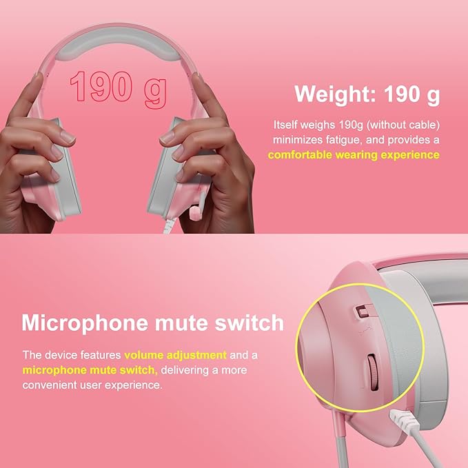 Gaming Headset for PS5 PS4 PC, Wired Headsets with 7.1 Surround Sound, H-7 Gaming Over Ear Headphones with Noise Cancelling Flexible Mic Memory Earmuffs, for PC/PS5/PS4/XboxSeries X/S/Switch (Pink)