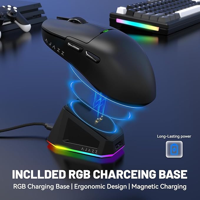 ATTACK SHARK x Ajazz AJ159P Gaming Mouse with Magnetic RGB Charging Dock,2.4G Wireless Gaming Mouse PAW3395 Sensor 26K DPI,1K Polling,6 Programmable Buttons,Ergonomic Computer Mice USB3.0 for PC/MAC