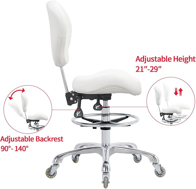 Grace&Grace Drafting Chair Adjustable Tall Shop Stool, Rolling Stool with Back Support for Studio, Classroom, Lab, Counter, Medical (White)