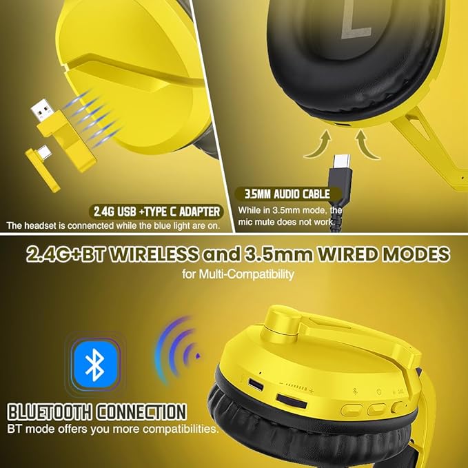 WolfLawS Wireless Gaming Headset with Noise Canceling Microphone for PS5, PC, PS4, 2.4G/Bluetooth Gaming Headphones with USB and Type-c Connector, Wired Mode for Controller - Yellow