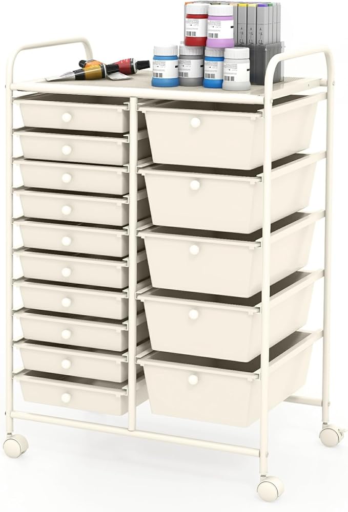 Moccha 15-Drawer Rolling Storage Cart - Under Desk Storage Drawers with wheels for Craft Art Supply Paper Salon, Scrapbook Paper Tools, Mobile Utility Cart for Classroom (15 Drawers, White)