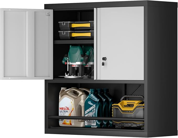 Metal Cabinet Wall Mounted, Garage Storage Cabinet Heavy Duty, Metal Tool Cabinets with Doors and Shelves, Steel Wall Mounted Storage for Basement, Shop