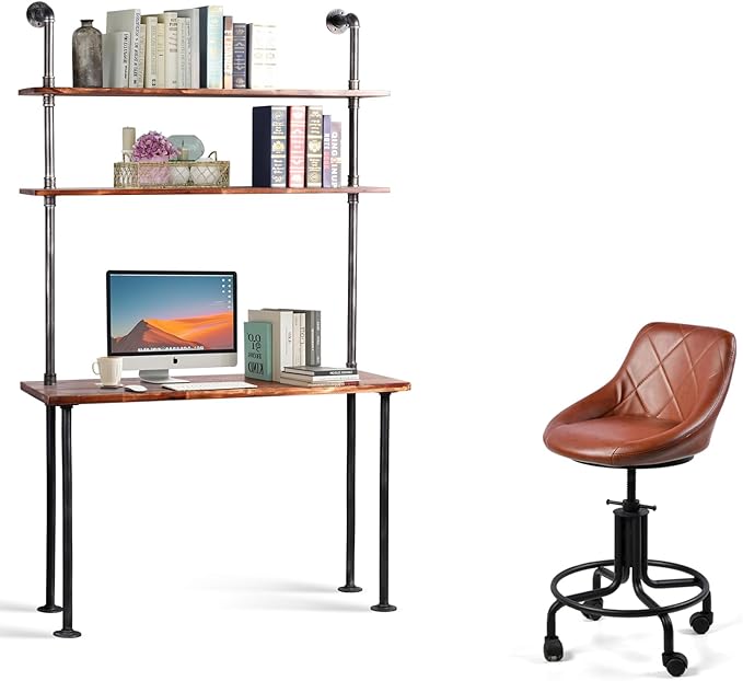 Multifunctional Home Office Furniture Sets, 79" H x 47.3 L Desk with Shelves & Soft Seat Roller Reclining Chair Set - Modern Industrial Workspace Furniture for Small Spaces/Study/Gaming