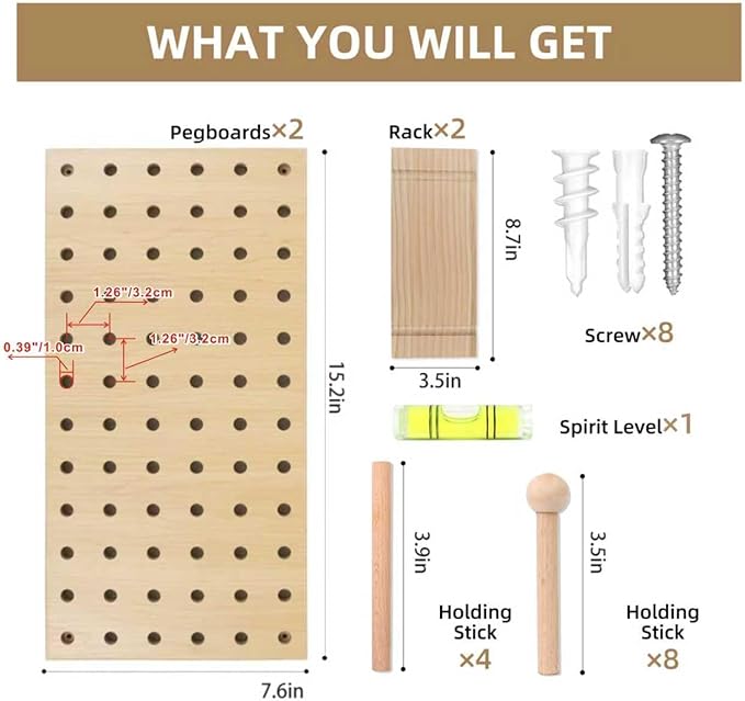 Beige Wood Pegboard Modular Display Wooden Pegboard Combination Wall Organizer Storage Wall Hooks Shelf for Home, Office, Bathroom, Comes with 2 Pieces Pegboards