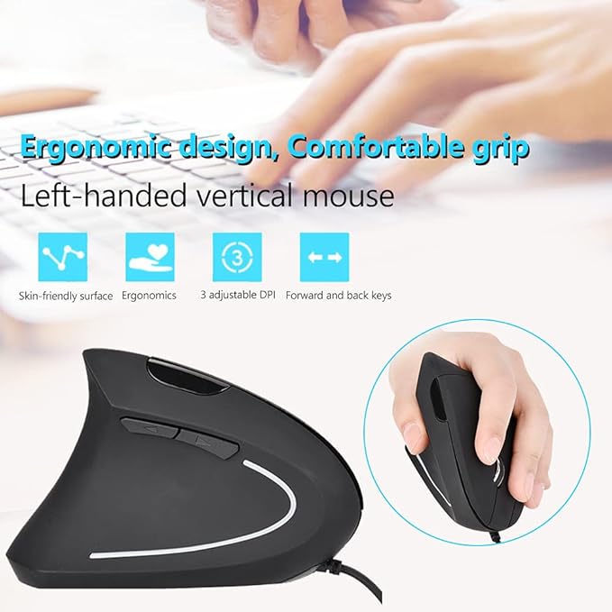 Ergonomic Vertical USB Wired Mouse, Left Handed Optical Mouse, 3 Adjustable DPI 800/1200/1600, 6 Programmable Buttons, Universal Gaming Mouse for Laptop, Desktop, Notebook, PC, Computer (Black)