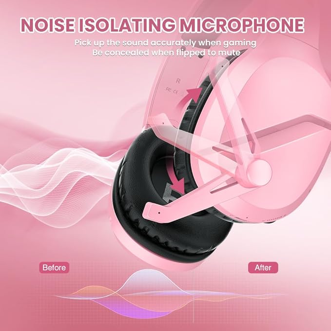 WolfLawS Wireless Gaming Headset with Noise Canceling Microphone for PS5, PC, PS4, 2.4G/Bluetooth Gaming Headphones with USB and Type-c Connector, Wired Mode for Controller - Pink