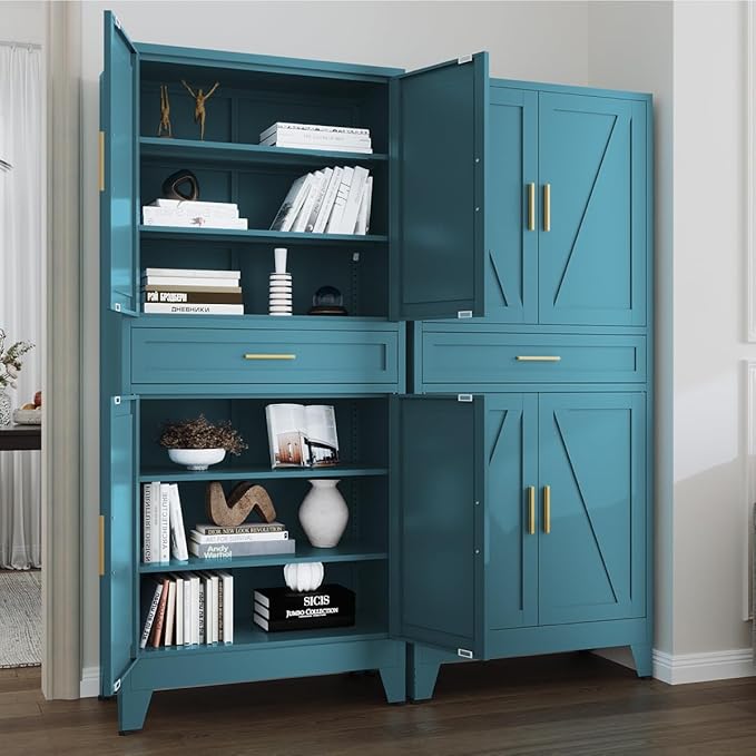 71 "Farmhouse Metal Filing Cabinet with a Drawer and 4 Adjustable Shelves, with 4 Large barn Door Blue Kitchen Cabinets, Metal Food Cabinets for Home, Kitchen, Dining/Living Room (Peacock Blue)
