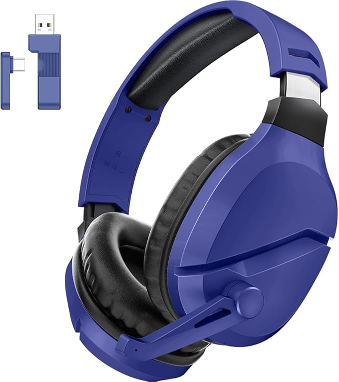 WolfLawS Wireless Gaming Headset with Noise Canceling Microphone for PS5, PC, PS4, 2.4G/Bluetooth Gaming Headphones with USB and Type-c Connector, Wired Mode for Controller - Navy Blue