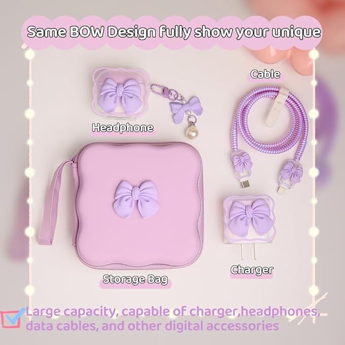 Charger Cover Storage Bag, Cute 3D Bow Tie Waves Design Charger Protector Travel Storage Case, Earphone Wire Saver Cable Cord Organizer Wireless Earphone Storage Box, Purple Bow