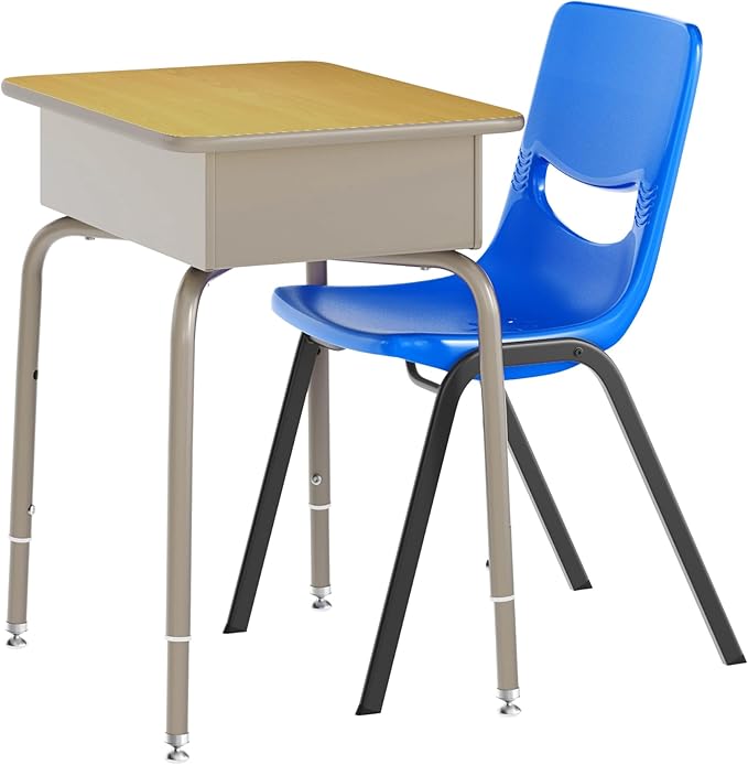 EMMA + OLIVER Jacobs Desk/Stackable Ergonomic Chair Set, Flex Comfort Seat Back, Adjusting Desk Legs, Metal Open Front Storage Box, Maple Desktop/Navy Chair