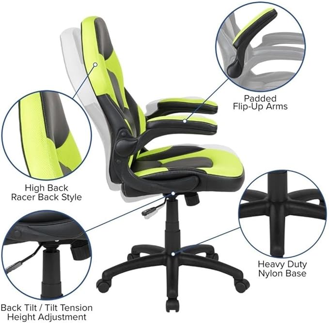 BOWERY HILL 2 Piece Gaming Desk Set with Chair, Black Laminate Desk Top, Green Mesh Inserts, Monitor Stand, Cup Holder, Headset Hook, Ergonomic Chair, Tilt Lock, Contemporary Design for Gamers