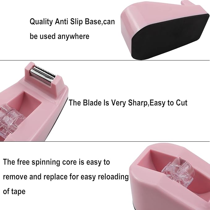 Desktop Tape Dispenser,1 Pack Pink Tape Dispensers with 12Rolls Transparent Tape, for Packaging in Office,Restaurant, Flower Shop,Cake Shop (Pink)