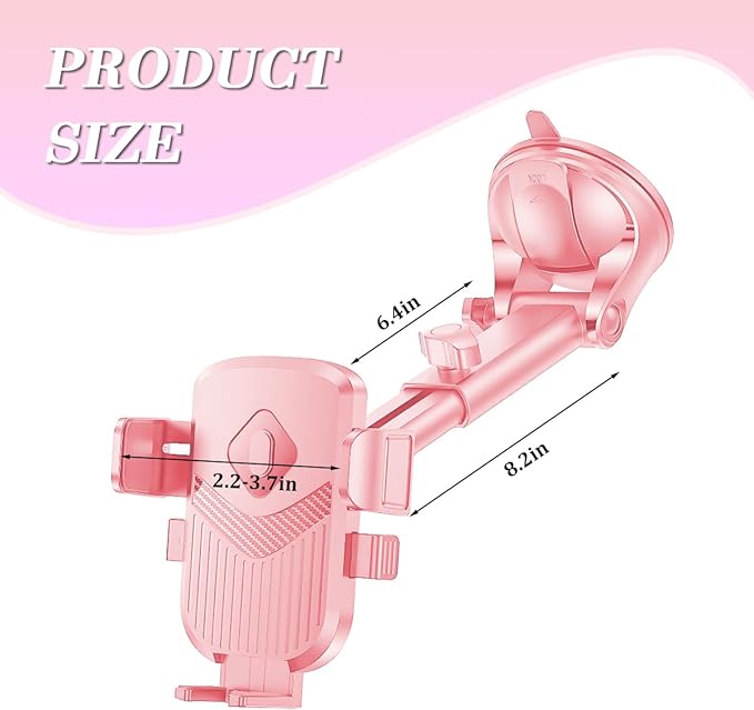 Car Phone Holder, 360° Adjustable Strongest Suction Vehicle Windshield Dashboard Air Vent Cell Phone Mounts, Hands Free Automotive Interior Smartphone Stand, Universal Fit (Pink)