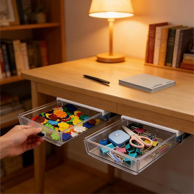 3 Pack Under Desk Drawer - Self-Adhesive Slide Out Organizer Tray, Hidden Stick-On Plastic Drawer for Office, Home, School & Kitchen