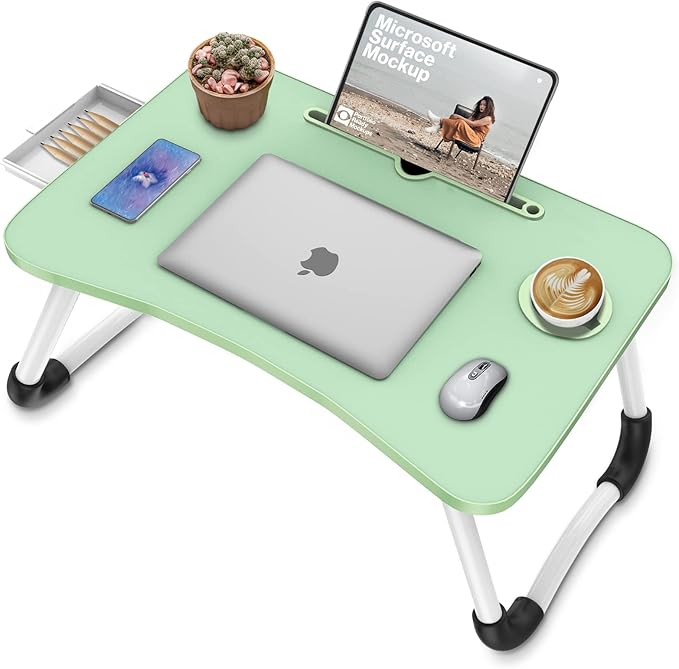 Fayquaze Portable Foldable Laptop Bed Desk with Storage Drawer and Cup Holder - Lap Desk Laptop Stand Tray Table for Eating, Reading and Working