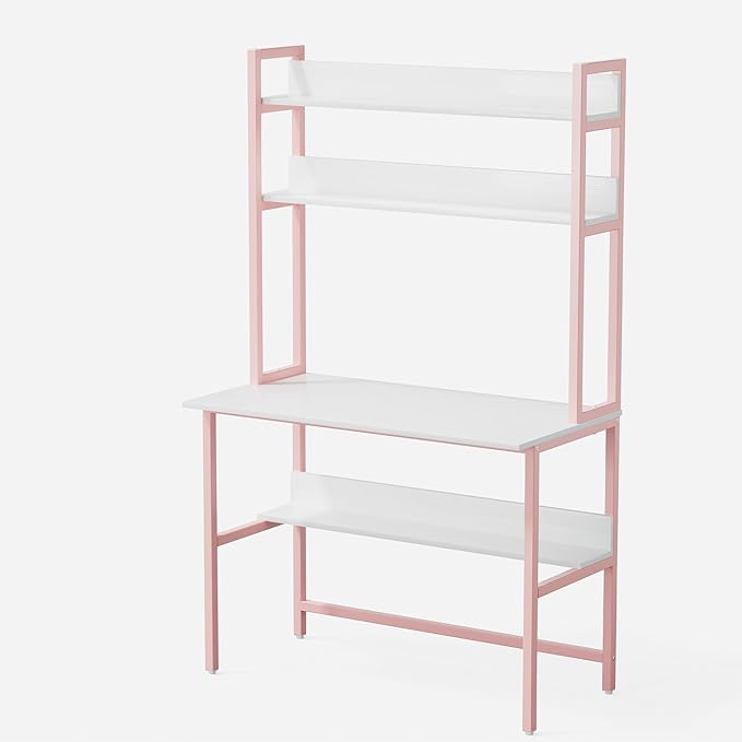 Aquzee Computer Desk with Hutch, 40“W x 19.6" D Desk with Shelves, Tall Home Office Desk with Bookshelf, Metal Legs Study Table with Upper Storage Shelf for Study Writing/Workstation, Pink