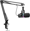 FEELWORLD PM1 XLR USB Dynamic Microphone with Boom Arm Stand Gifts for Podcast Recording PC Computer Gaming Live Streaming Vocal Voice-Over, Studio Metal Mic, RGB Light, Mute Button, Headphones Jack