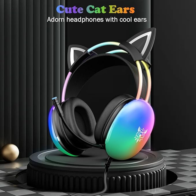 Cat Ear Gaming Headset with Microphone, RGB Rainbow Lighting, Surround Sound, 3.5mm Wired Over-Ear Headphones for PC/PS4/PS5/Switch/Laptop, Lightweight and Adjustable Headband