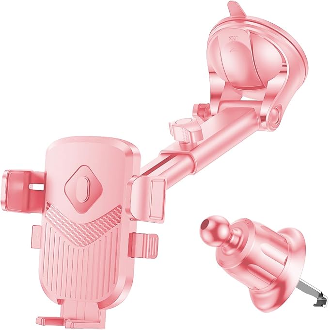 Car Phone Holder, 360° Adjustable Strongest Suction Vehicle Windshield Dashboard Air Vent Cell Phone Mounts, Hands Free Automotive Interior Smartphone Stand, Universal Fit (Pink)