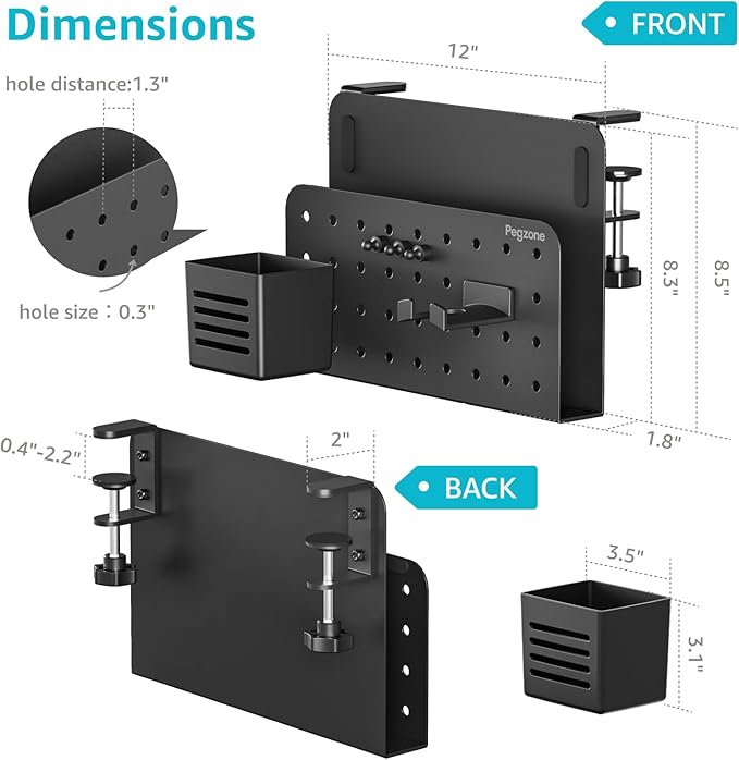 PEGZONE Desk Side Storage Organizer, No Drill Under Desk Laptop Holder, Clamp on Desks Shelf with Pegboard Accessories, Hanging Laptop Mount, Fits Flat Edge 0.4" to 2.2", Black