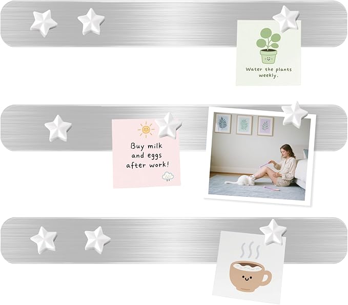 Magnetic Board, Frameless Stainless Iron Magnetic Strips with Adhesive Backing, 3-Pack Magnet Bulletin Board Bar, Memo Board with 10 White Star Magnets for Wall, Office, School, Home, Photos