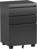 Bonusall 3 Drawer File Cabinet with Lock, Small Under Desk Filing Cabinet for Home Office, Fully Assembled Metal Rolling Storage Fits A4/Letter/Legal, Black